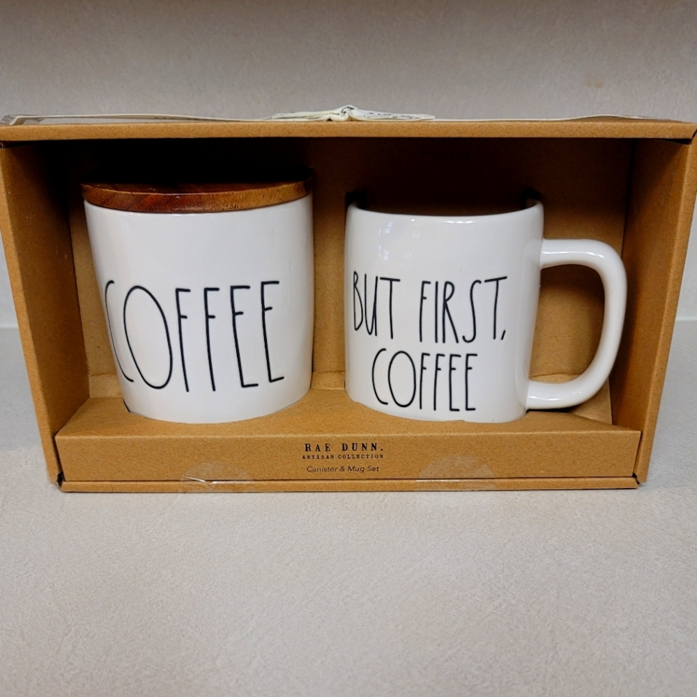 NEW Rae Dunn BUT FIRST, COFFEE Mug and COFFEE Cellar Canister Gift Boxed Set LL